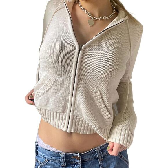 Zip Up Crop Hooded Y2k Ribbed Knit Drawstring Jacket With Pockets White Large - Picture 1 of 2